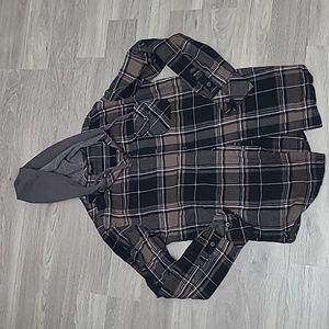 Firefly Button Up Plaid Hooded Long Sleeve Top